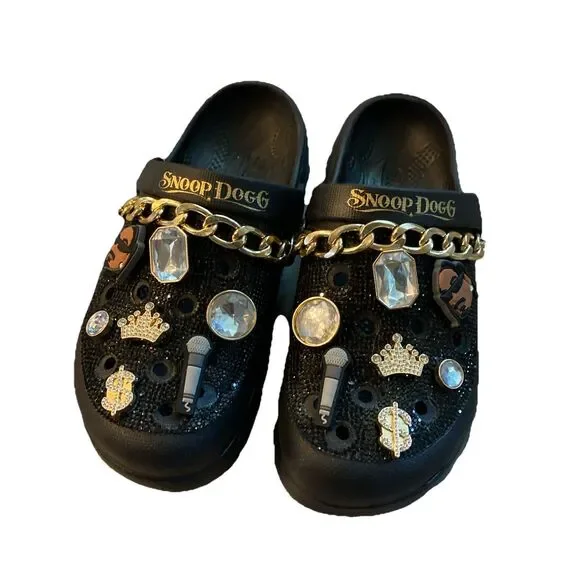Skechers x Snoop Dogg Black Bling Clogs w/ Charms & Gold Chain Slip Ons SZ 8 - Picture 1 of 9